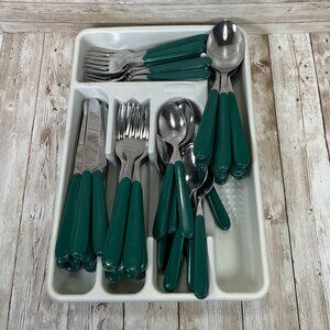 Vintage ONEIDA 55 Pc Lot Green Plastic Handle Utensil Stainless Steel Flatware